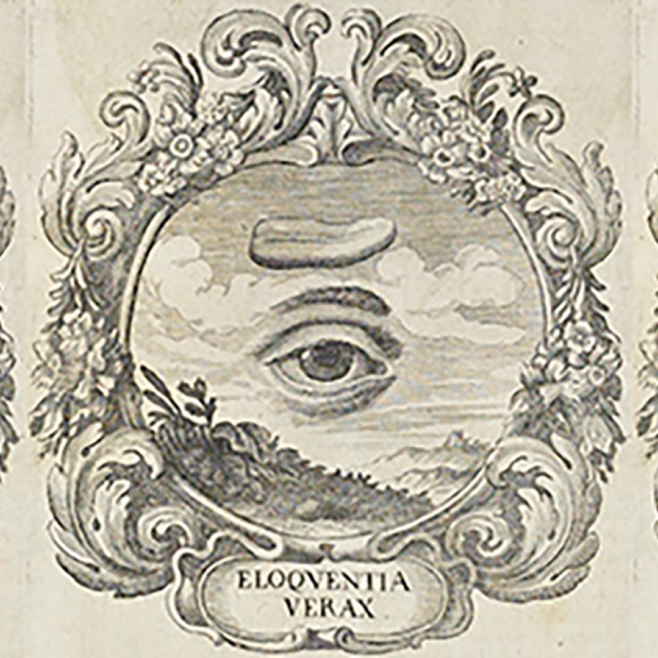 Drawing from 1695 of a tongue floating above an eye labeled Eloquentia Verax.